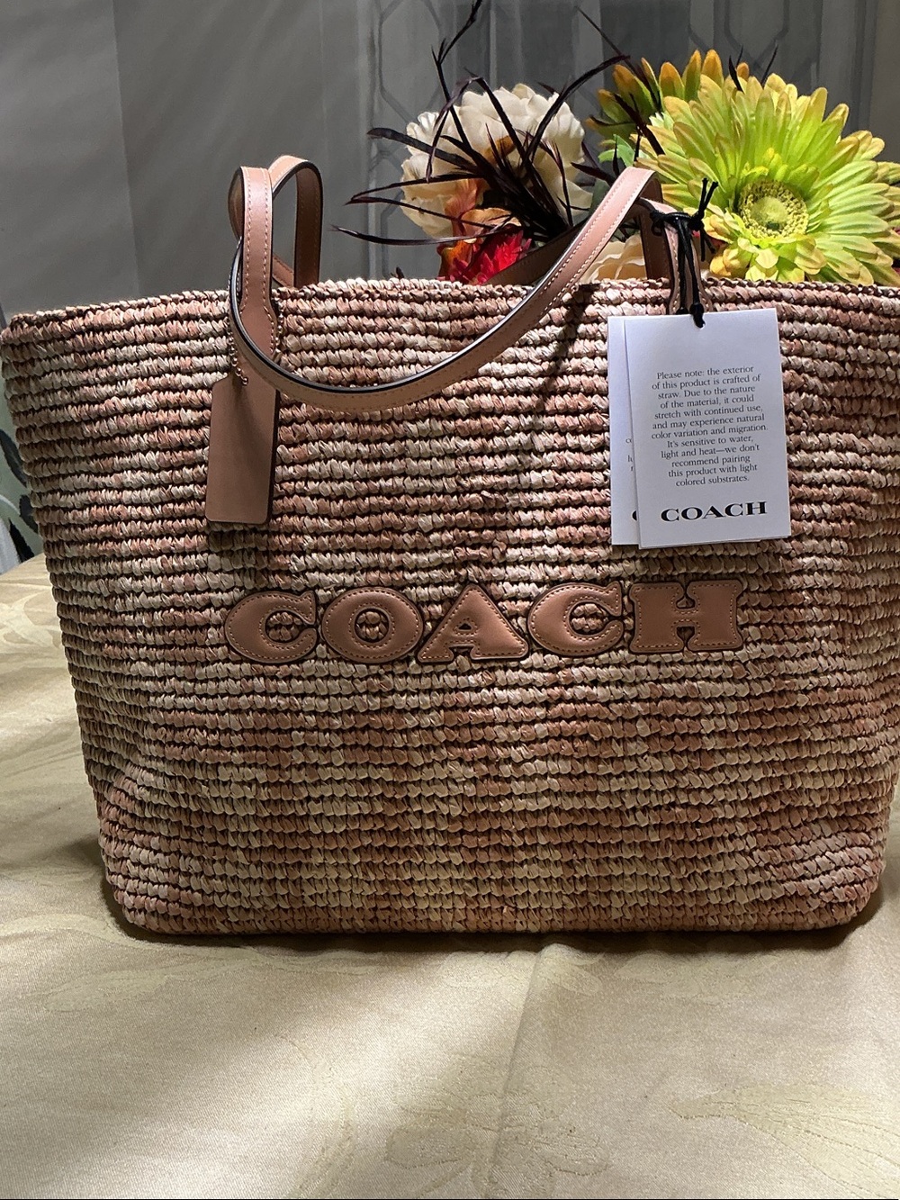 COACH Woven Raffia Tote in Natural Tan and Cream with Leather Trim